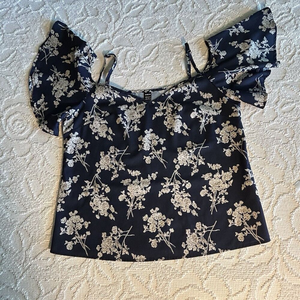 SHEIN Navy Floral Cold Shoulder Chiffon Ruffle Sleeve Tunic Blouse Size M (6)